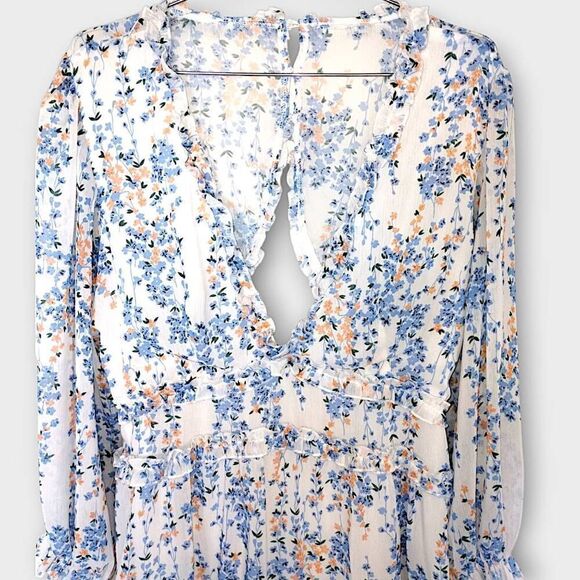 Ladies Dress Sz XL Ruffles Floral Blue Low V Open Back Coquette Cottagecore Shee - Picture 3 of 14